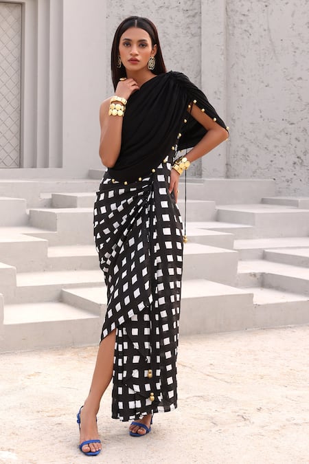 Shop Aapro Black Cotton Beads Asymmetric Checkered Embellished Dress at Aza Fashions Shop_Aapro_Black Cotton Beads Asymmetric Checkered Embellished Dress _at_Aza_Fashions