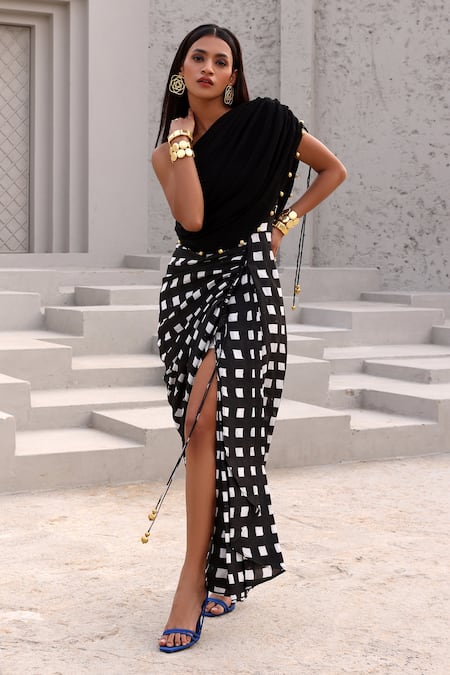 Aapro Black Cotton Beads Asymmetric Checkered Embellished Dress Online at Aza Fashions Aapro_Black Cotton Beads Asymmetric Checkered Embellished Dress _Online_at_Aza_Fashions