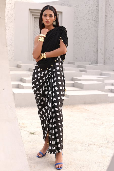 Aapro Black Cotton Beads Asymmetric Checkered Embellished Dress at Aza Fashions Aapro_Black Cotton Beads Asymmetric Checkered Embellished Dress _at_Aza_Fashions