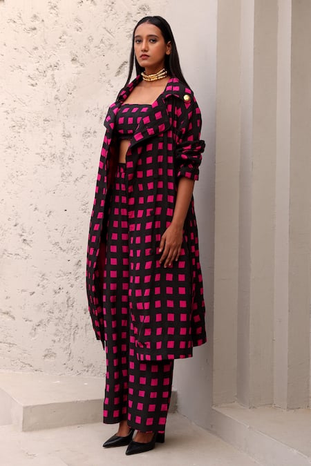 Aapro_Black Crepe V-, Scoop Ruth Checkered Print Trench Jacket Pant Set _Online_at_Aza_Fashions