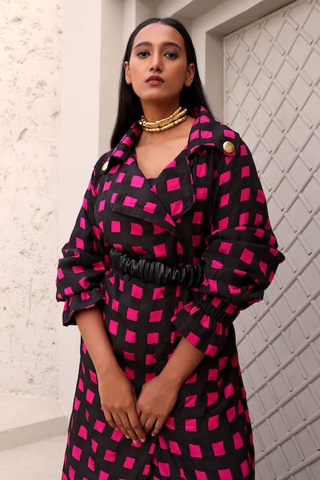 Shop_Aapro_Black Crepe V-, Scoop Ruth Checkered Print Trench Jacket Pant Set _Online_at_Aza_Fashions