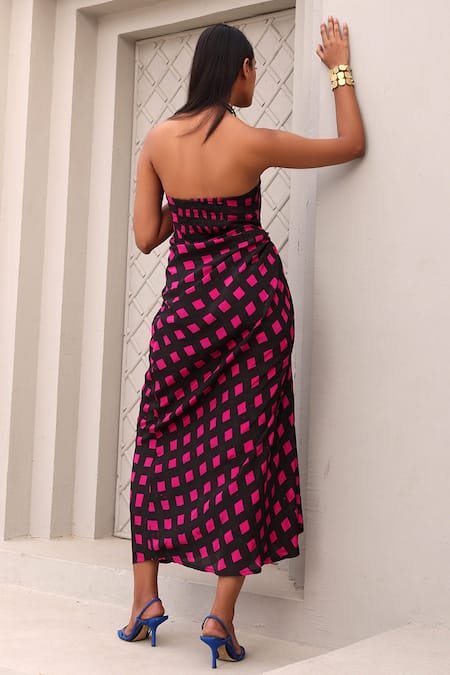 Shop_Aapro_Black Crepe Square Neck Heidi Checkered Block Print Dress _at_Aza_Fashions