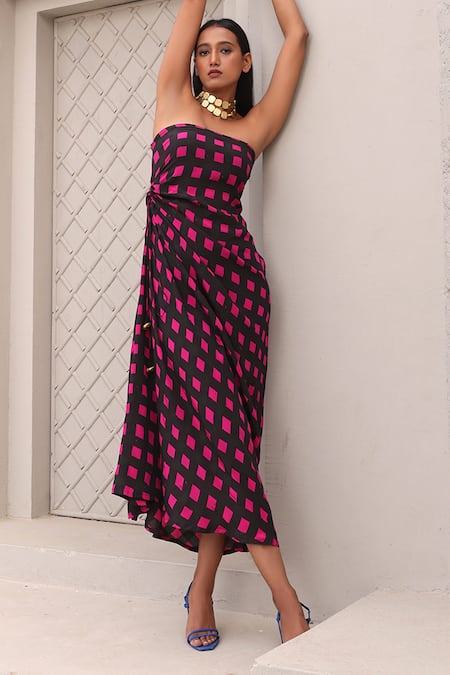 Shop_Aapro_Black Crepe Square Neck Heidi Checkered Block Print Dress _Online_at_Aza_Fashions