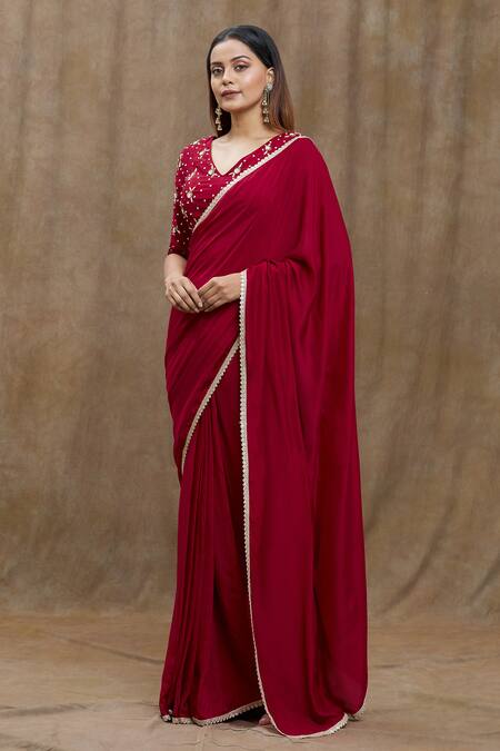 Samyukta Singhania Red Chanderi Silk Sequins, Embroidery V-neck Hand Saree Set Online at Aza Fashions Samyukta Singhania_Red Chanderi Silk Sequins, Embroidery V-neck Hand Saree Set _Online_at_Aza_Fashions