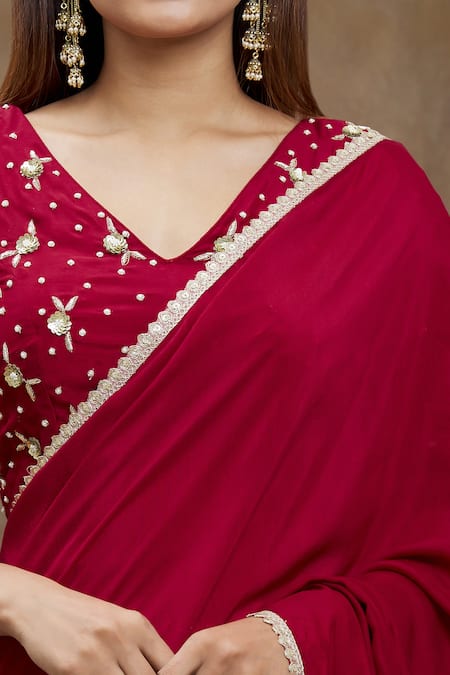 Shop Samyukta Singhania Red Chanderi Silk Sequins, Embroidery V-neck Hand Saree Set Online at Aza Fashions Shop_Samyukta Singhania_Red Chanderi Silk Sequins, Embroidery V-neck Hand Saree Set _Online_at_Aza_Fashions