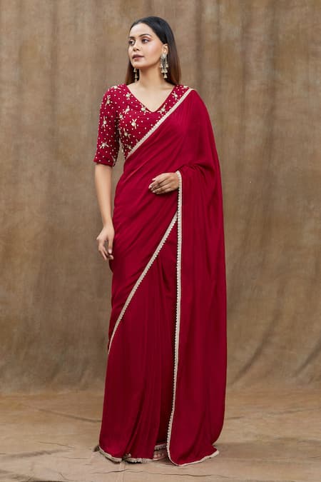 Samyukta Singhania Red Pure Chanderi Silk Hand Embroidered Floral V Pre-draped Saree With Blouse 