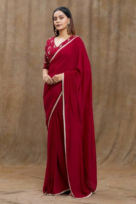 Samyukta Singhania_Red Chanderi Silk, Viscose Sequins, Embroidery Pre-draped Saree With Blouse _Online_at_Aza_Fashions