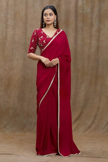 Buy_Samyukta Singhania_Red Chanderi Silk, Viscose Sequins, Embroidery Pre-draped Saree With Blouse _Online_at_Aza_Fashions