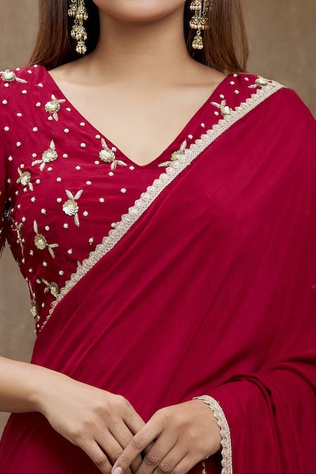 Shop_Samyukta Singhania_Red Chanderi Silk, Viscose Sequins, Embroidery Pre-draped Saree With Blouse _Online_at_Aza_Fashions