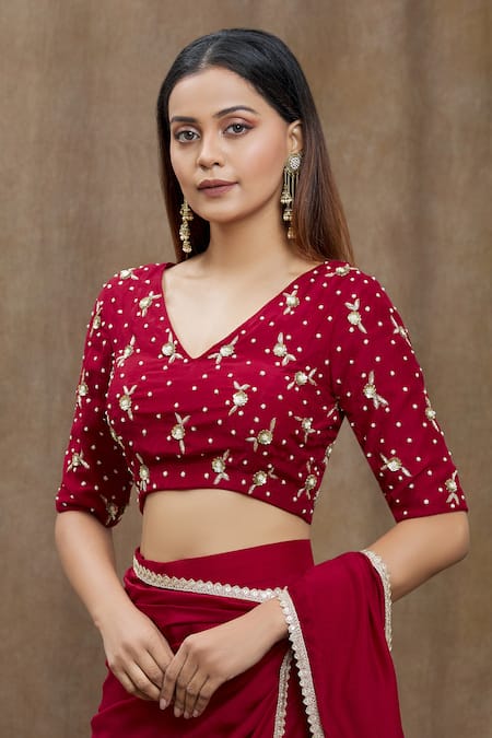 Samyukta Singhania_Red Chanderi Silk, Viscose Sequins, Embroidery Pre-draped Saree With Blouse _at_Aza_Fashions