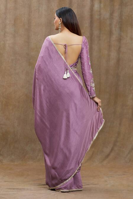 Shop_Samyukta Singhania_Purple Chanderi Silk, Viscose Lace Bordered Pre-draped Saree With Blouse _at_Aza_Fashions
