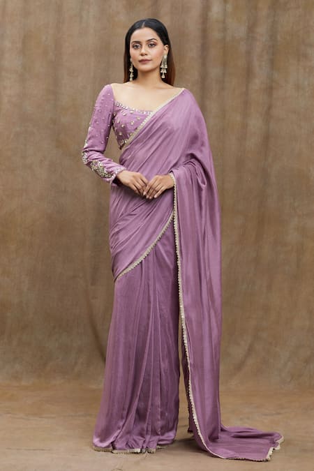Samyukta Singhania_Purple Chanderi Silk, Viscose Lace Bordered Pre-draped Saree With Blouse _Online_at_Aza_Fashions