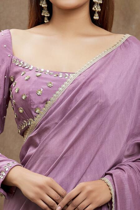 Shop_Samyukta Singhania_Purple Chanderi Silk, Viscose Lace Bordered Pre-draped Saree With Blouse _Online_at_Aza_Fashions