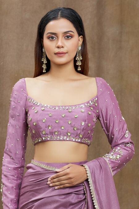 Samyukta Singhania_Purple Chanderi Silk, Viscose Lace Bordered Pre-draped Saree With Blouse _at_Aza_Fashions