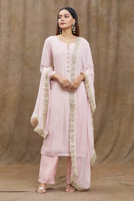 Khwaab by Sanjana Lakhani Peach Pure Chanderi Silk Hand Embroidered Floral Notched Kurta Pant Set