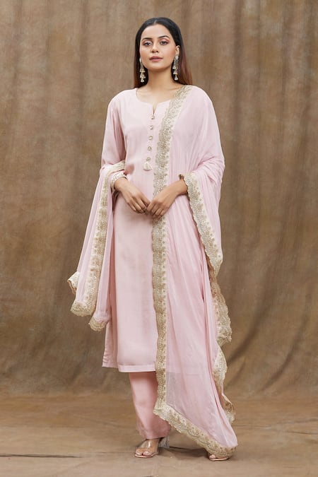 Samyukta Singhania Peach Chanderi, Chiffon, Cotton Sequins, Tassels, Pure Silk Kurta Pant Set Online at Aza Fashions Samyukta Singhania_Peach Chanderi, Chiffon, Cotton Sequins, Tassels, Pure Silk Kurta Pant Set _Online_at_Aza_Fashions