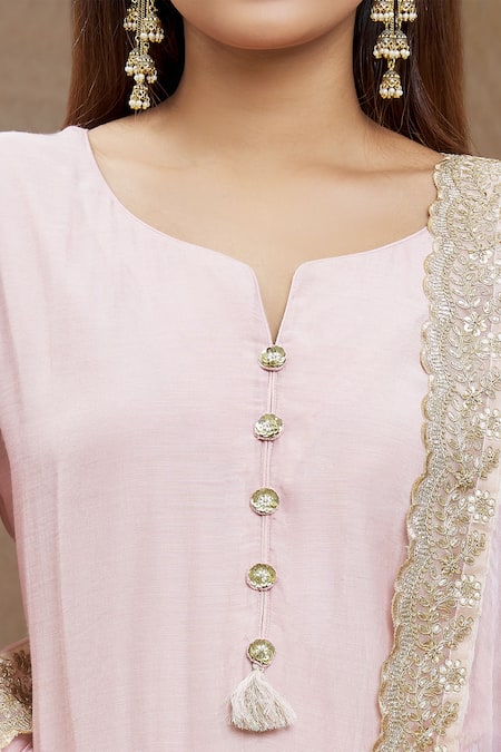 Shop Samyukta Singhania Peach Chanderi, Chiffon, Cotton Sequins, Tassels, Pure Silk Kurta Pant Set Online at Aza Fashions Shop_Samyukta Singhania_Peach Chanderi, Chiffon, Cotton Sequins, Tassels, Pure Silk Kurta Pant Set _Online_at_Aza_Fashions