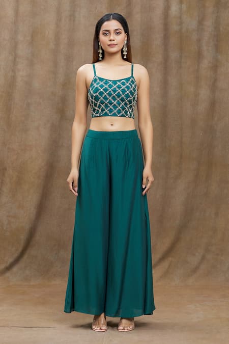 Samyukta Singhania_Green Chanderi Silk, Viscose, Organza, Pure Flared Pant Set With Jacket _Online_at_Aza_Fashions