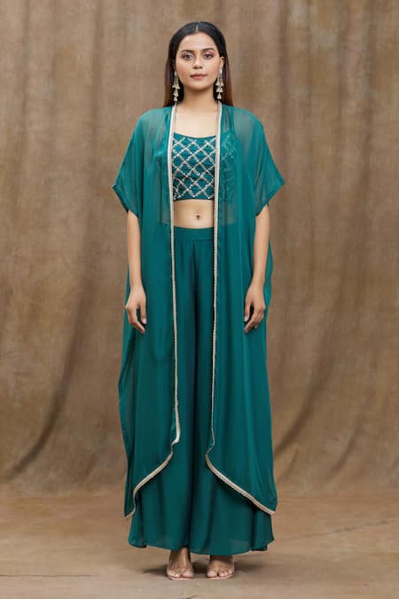 Buy_Samyukta Singhania_Green Chanderi Silk, Viscose, Organza, Pure Flared Pant Set With Jacket _Online_at_Aza_Fashions