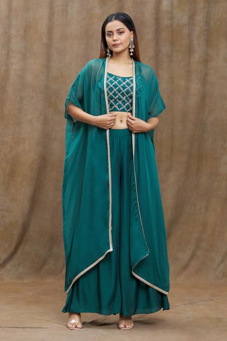 Shop_Samyukta Singhania_Green Chanderi Silk, Viscose, Organza, Pure Flared Pant Set With Jacket _Online_at_Aza_Fashions