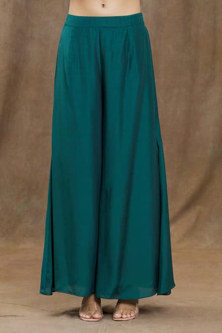 Buy_Samyukta Singhania_Green Chanderi Silk, Viscose, Organza, Pure Flared Pant Set With Jacket 