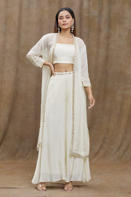 Khwaab by Sanjana Lakhani Off White Crop Top And Pant- Pure Chanderi Silk Hand Flared Set With Jacket