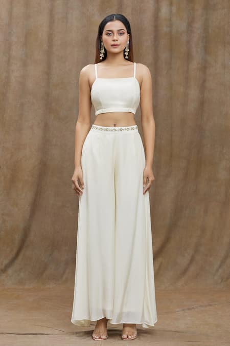 Naintara Bajaj_Off White Chanderi Silk, Viscose, Organza, Flared Pant Set With Hand Jacket _Online_at_Aza_Fashions