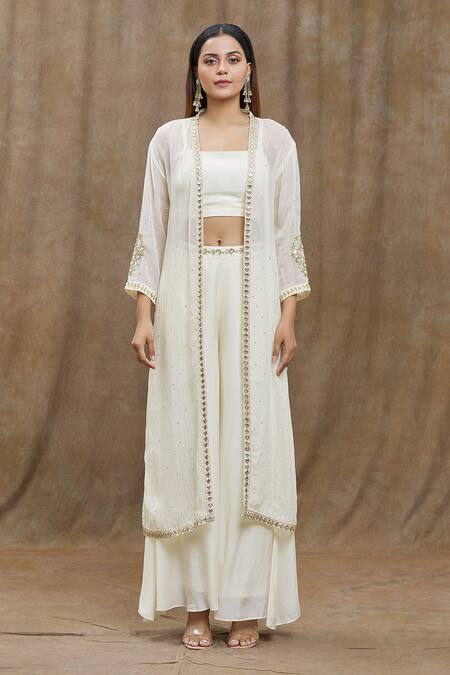 Buy_Naintara Bajaj_Off White Chanderi Silk, Viscose, Organza, Flared Pant Set With Hand Jacket _Online_at_Aza_Fashions