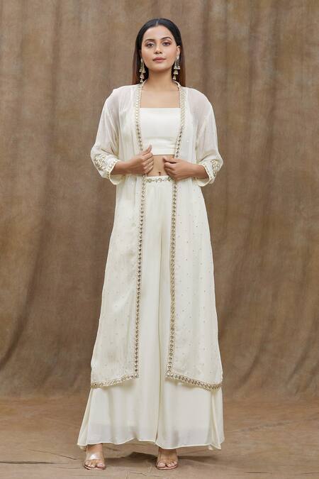 Shop_Naintara Bajaj_Off White Chanderi Silk, Viscose, Organza, Flared Pant Set With Hand Jacket _Online_at_Aza_Fashions