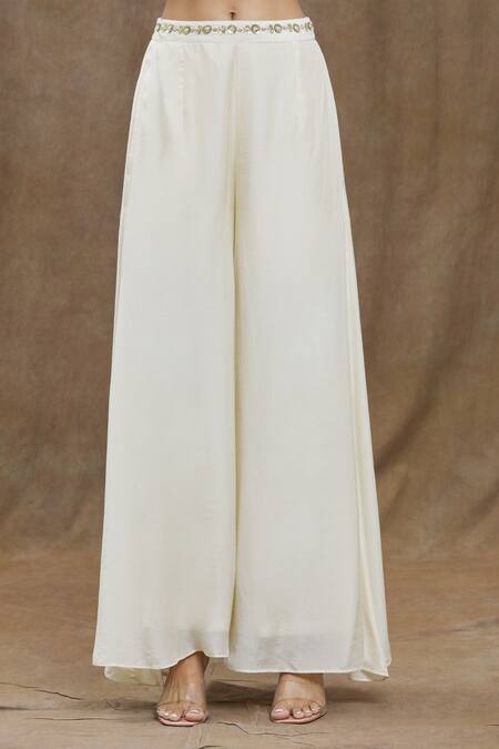 Buy_Naintara Bajaj_Off White Chanderi Silk, Viscose, Organza, Flared Pant Set With Hand Jacket 
