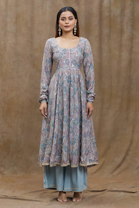 Naintara Bajaj_Grey Silk Lace, Sequins Round Neck Mughal Floral Print Anarkali With Dupatta _Online_at_Aza_Fashions