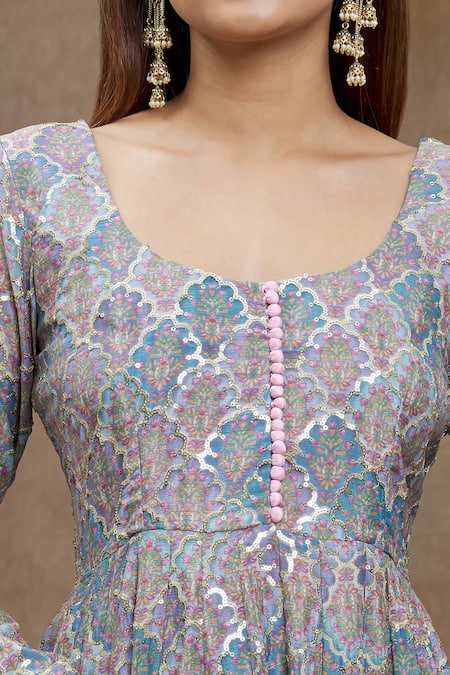 Buy_Naintara Bajaj_Grey Silk Lace, Sequins Round Neck Mughal Floral Print Anarkali With Dupatta _Online_at_Aza_Fashions