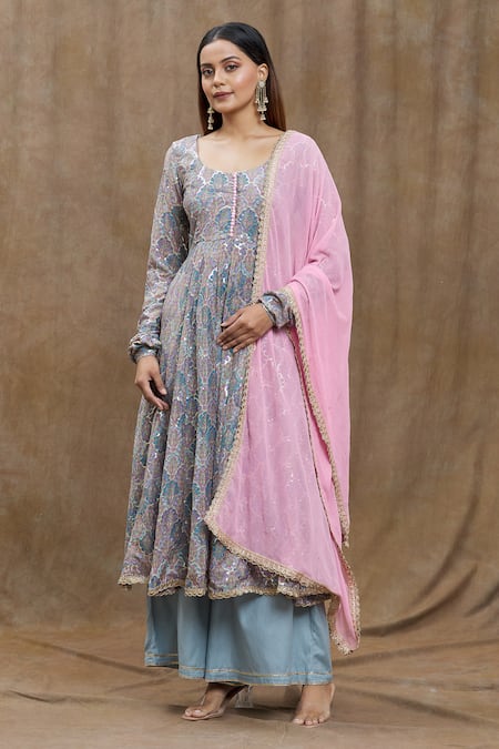 Shop_Naintara Bajaj_Grey Silk Lace, Sequins Round Neck Mughal Floral Print Anarkali With Dupatta _Online_at_Aza_Fashions