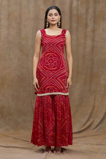 Buy Naintara Bajaj Red Silk Lace, Sequins Round Neck Bandhani Print Kurta Sharara Set Online at Aza Fashions Buy_Naintara Bajaj_Red Silk Lace, Sequins Round Neck Bandhani Print Kurta Sharara Set _Online_at_Aza_Fashions