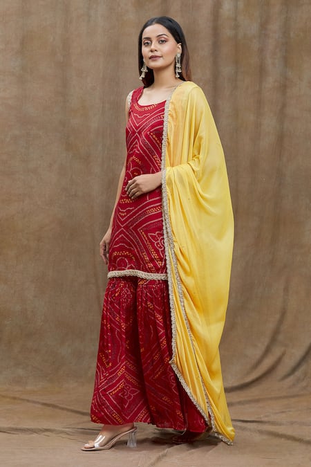 Shop Naintara Bajaj Red Silk Lace, Sequins Round Neck Bandhani Print Kurta Sharara Set Online at Aza Fashions Shop_Naintara Bajaj_Red Silk Lace, Sequins Round Neck Bandhani Print Kurta Sharara Set _Online_at_Aza_Fashions
