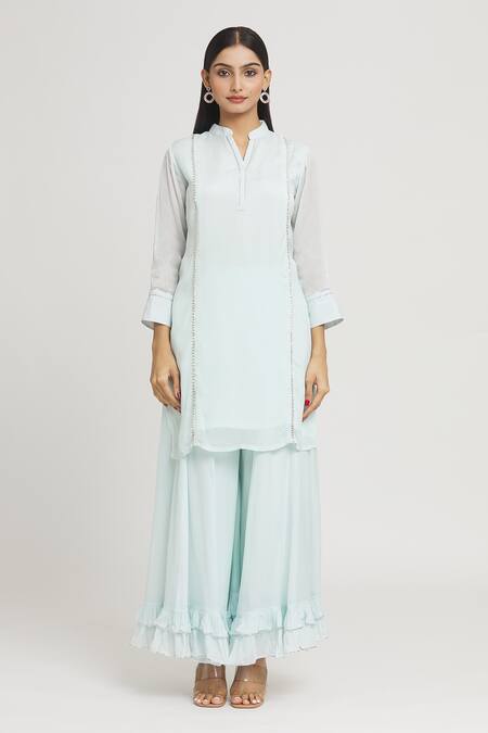 Label Lila_Blue Crepe Lace Mandarin Collar Embellished Kurta Sharara Set_Online_at_Aza_Fashions