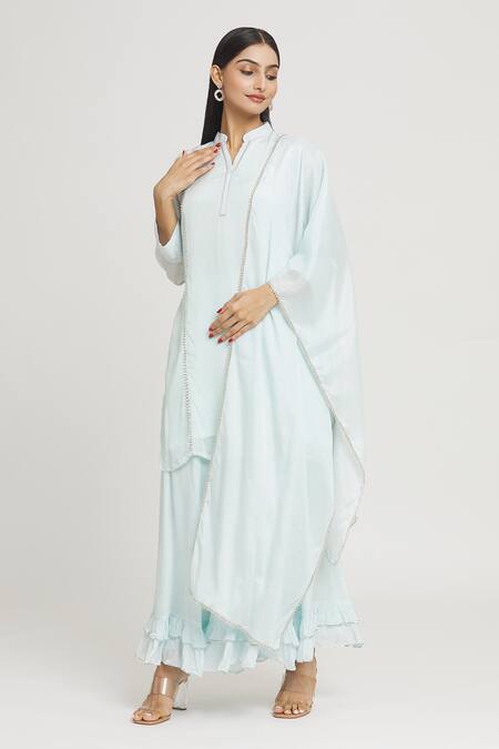 Buy_Label Lila_Blue Crepe Lace Mandarin Collar Embellished Kurta Sharara Set_Online_at_Aza_Fashions