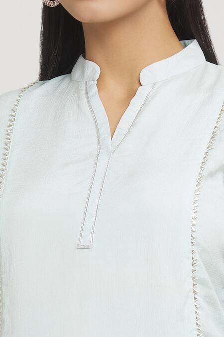 Shop_Label Lila_Blue Crepe Lace Mandarin Collar Embellished Kurta Sharara Set_Online_at_Aza_Fashions