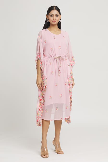 Label Lila_Pink Georgette Embroidery Round Neck Thread Kaftan _Online_at_Aza_Fashions