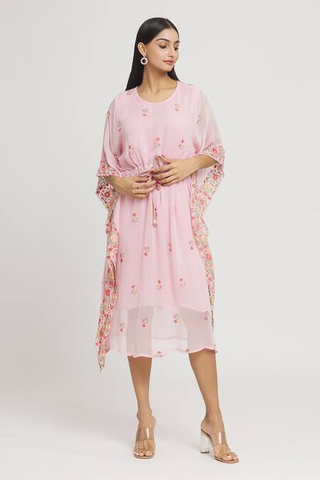 Buy_Label Lila_Pink Georgette Embroidery Round Neck Thread Kaftan _Online_at_Aza_Fashions