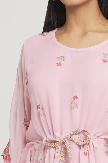 Shop_Label Lila_Pink Georgette Embroidery Round Neck Thread Kaftan _Online_at_Aza_Fashions