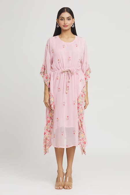 Buy_Label Lila_Pink Georgette Embroidery Round Neck Thread Kaftan 