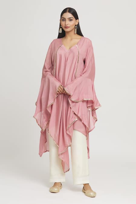 Label Lila_Purple Crepe Lace V-neck Embellished Asymmetric Kurta _Online_at_Aza_Fashions