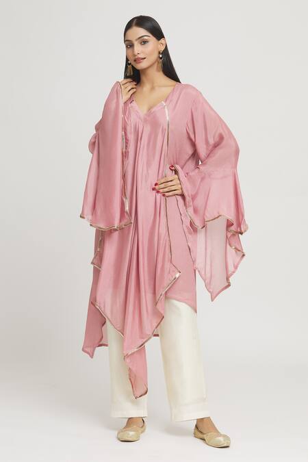 Buy_Label Lila_Purple Crepe Lace V-neck Embellished Asymmetric Kurta _Online_at_Aza_Fashions