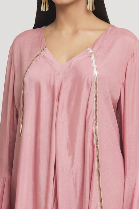 Shop_Label Lila_Purple Crepe Lace V-neck Embellished Asymmetric Kurta _Online_at_Aza_Fashions