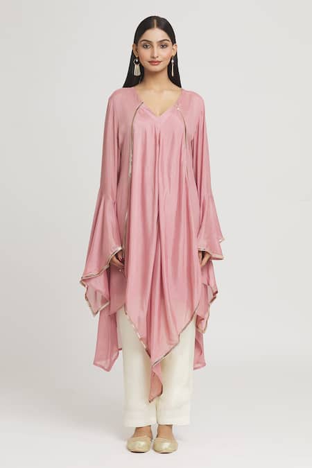 Label Lila_Purple Crepe Lace V-neck Embellished Asymmetric Kurta _at_Aza_Fashions