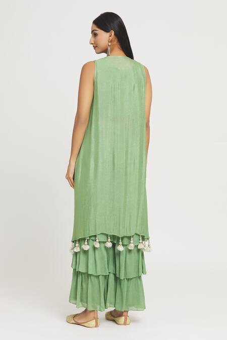 Shop Label Lila Green Round , Open Tassel Embellished Cape Palazzo Set at Aza Fashions Shop_Label Lila_Green Round , Open Tassel Embellished Cape Palazzo Set_at_Aza_Fashions
