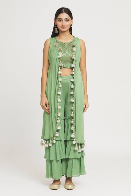 Buy Label Lila Green Round , Open Tassel Embellished Cape Palazzo Set Online at Aza Fashions Buy_Label Lila_Green Round , Open Tassel Embellished Cape Palazzo Set_Online_at_Aza_Fashions
