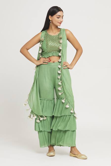 Shop Label Lila Green Round , Open Tassel Embellished Cape Palazzo Set Online at Aza Fashions Shop_Label Lila_Green Round , Open Tassel Embellished Cape Palazzo Set_Online_at_Aza_Fashions