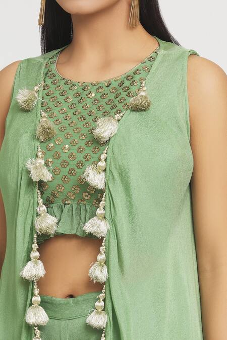 Label Lila Green Round , Open Tassel Embellished Cape Palazzo Set at Aza Fashions Label Lila_Green Round , Open Tassel Embellished Cape Palazzo Set_at_Aza_Fashions